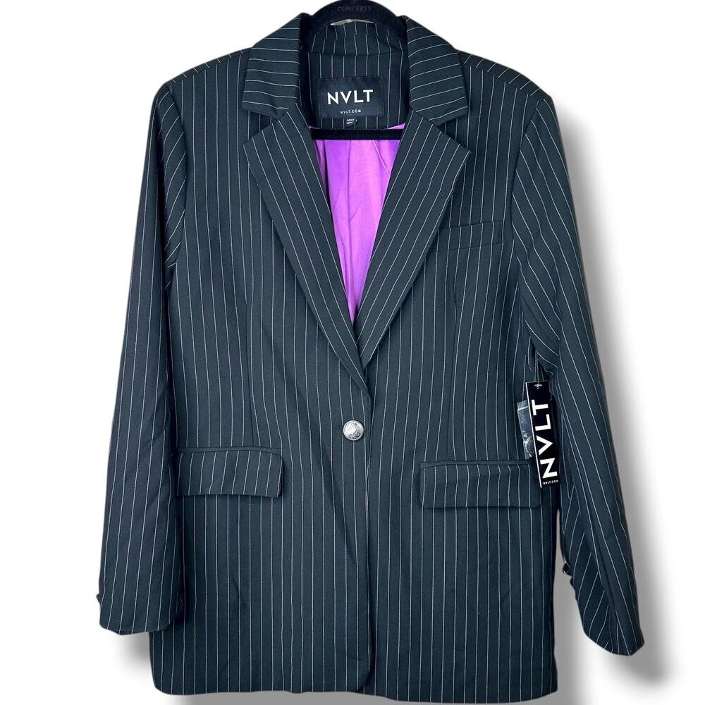 NEW NVLT Black White Stripe Notch Lapel Collar Button Satin Boyfriend Blazer